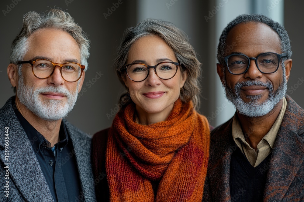 Poster senior workers thriving in collaborative and open workspace setups,