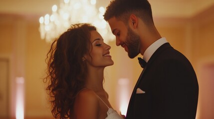 Romantic couple's close-up portrait at wedding reception.