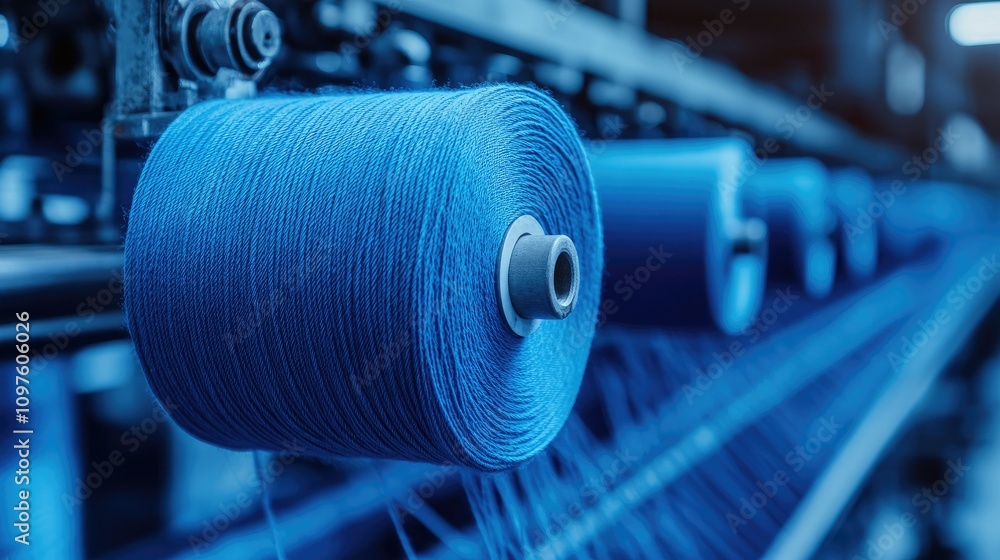 Poster a focused shot of blue yarn spools on a mechanical loom, symbolizing the intricacy of textile produc