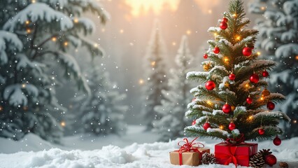 Obraz premium Snowy Christmas Tree with Gifts & Copy Space