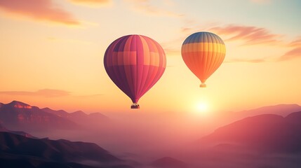 Colorful hot air balloons drifting at sunset over majestic mountains.