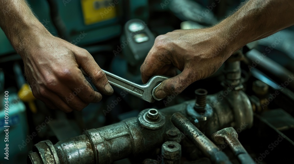Poster a high-resolution image of a technician hands carefully adjusting pipes with a wrench, emphasizing t