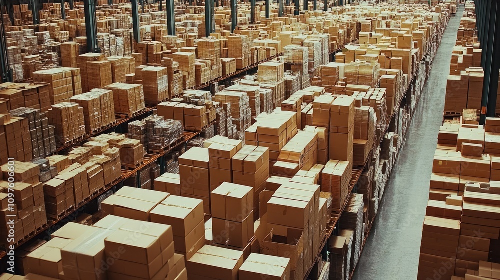 Poster a large, well-organized warehouse with rows of stacked cardboard boxes, illustrating the efficient m