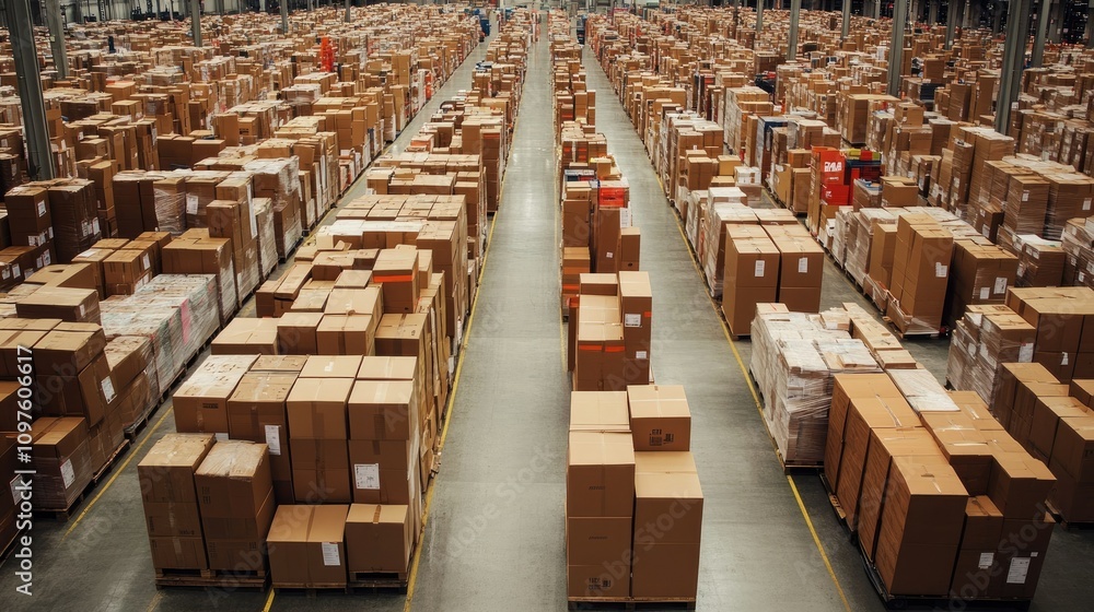 Poster a large, well-organized warehouse with rows of stacked cardboard boxes, illustrating the efficient m