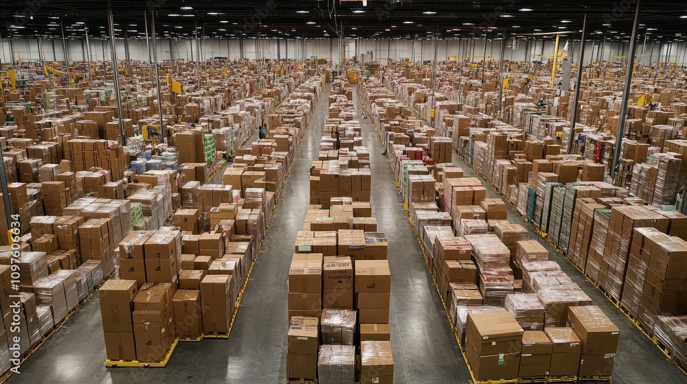 Poster a large, well-organized warehouse with rows of stacked cardboard boxes, illustrating the efficient m
