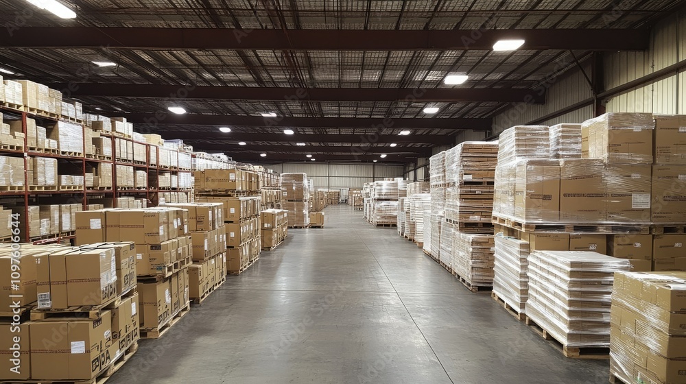 Poster a large, well-organized warehouse with rows of stacked cardboard boxes, illustrating the efficient m