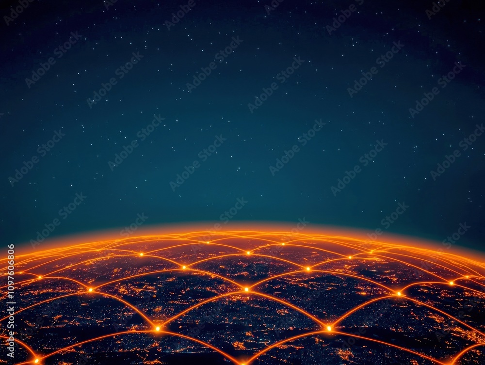 Poster a digital depiction of a connected globe illuminated by orange lines, representing global networks a