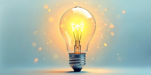 Classic illustration of a light bulb shining brightly, but the filament is shaped like symbols such as gears, DNA, and an upward arrow graph, signifying Ideas, innovation and creativity