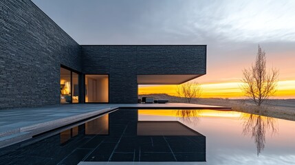 minimalist home with polished black brick siding, reflecting the sunset