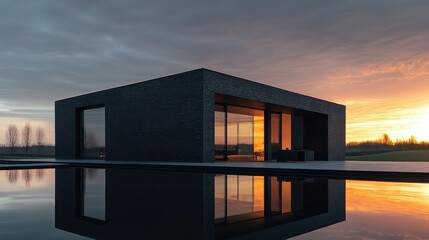 minimalist home with polished black brick siding, reflecting the sunset