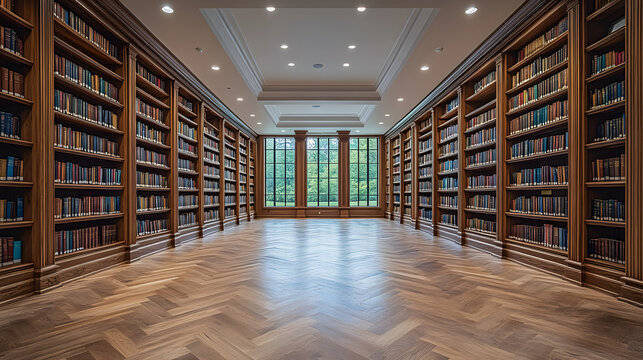 sophisticated library featuring floor-to-ceiling wooden bookshelves, elegant herringbone wood flooring, and tall windows flooding the space with natural light. Perfect for refined and intellectual the
