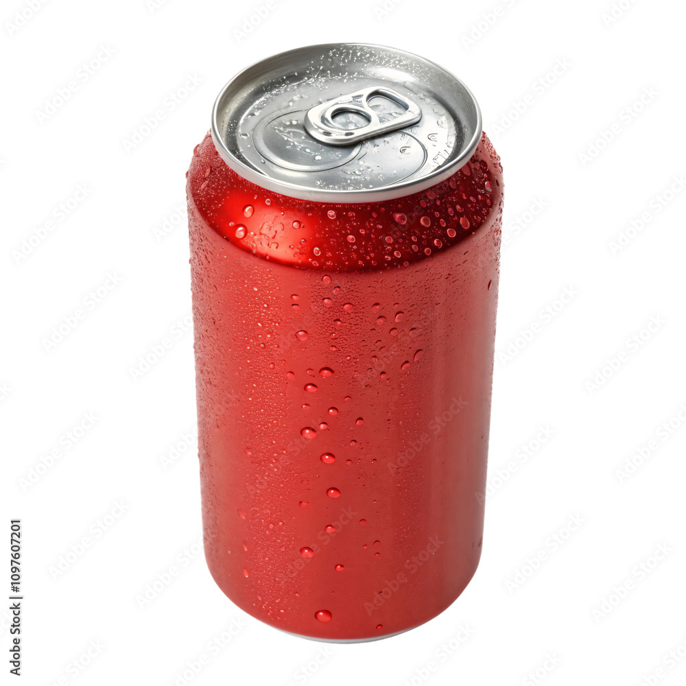 Poster a chilled red soda can covered in condensation droplets, with a shiny finish and a slightly opened p