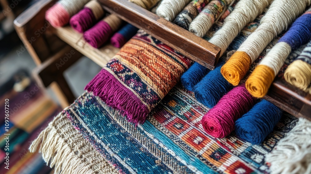 Aufkleber a top-down view of a beautiful handwoven fabric from peru, with geometric patterns and colorful thre