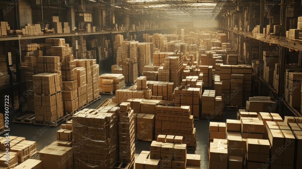 Poster a vast warehouse filled with stacks of cardboard boxes, showcasing the scale and organization of a l