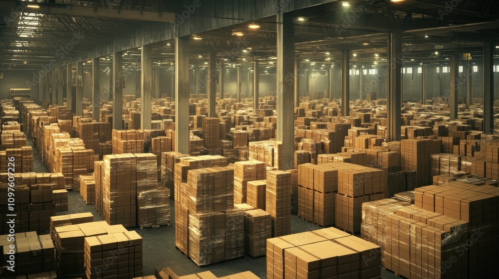 Poster a vast warehouse filled with stacks of cardboard boxes, showcasing the scale and organization of a l