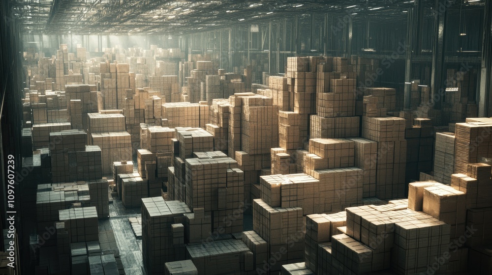 Poster a vast warehouse filled with stacks of cardboard boxes, showcasing the scale and organization of a l