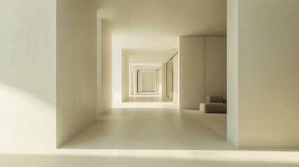 minimalist shot of the hallway, emphasizing the simplicity of its design elements and open space
