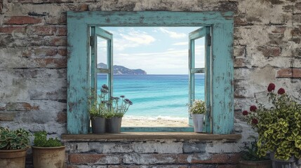 A weathered brick wall adorned with a painted window frame, creating the illusion of an ocean view from a cozy, indoor space with beach scenery.