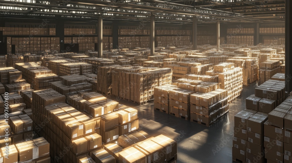 Poster A wide view of a large warehouse with cardboard boxes neatly arranged, capturing the scale of storage and distribution in an industrial setting.