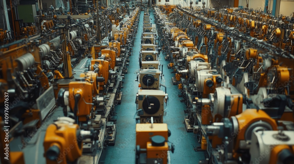 Poster A wide-angle view of a factory floor filled with rows of sewing machines, showcasing the scale of production in a textile manufacturing environment.