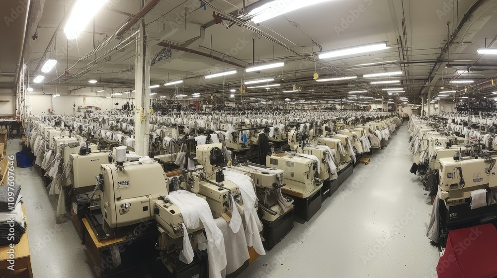 Poster A wide-angle view of a factory floor filled with rows of sewing machines, showcasing the scale of production in a textile manufacturing environment.