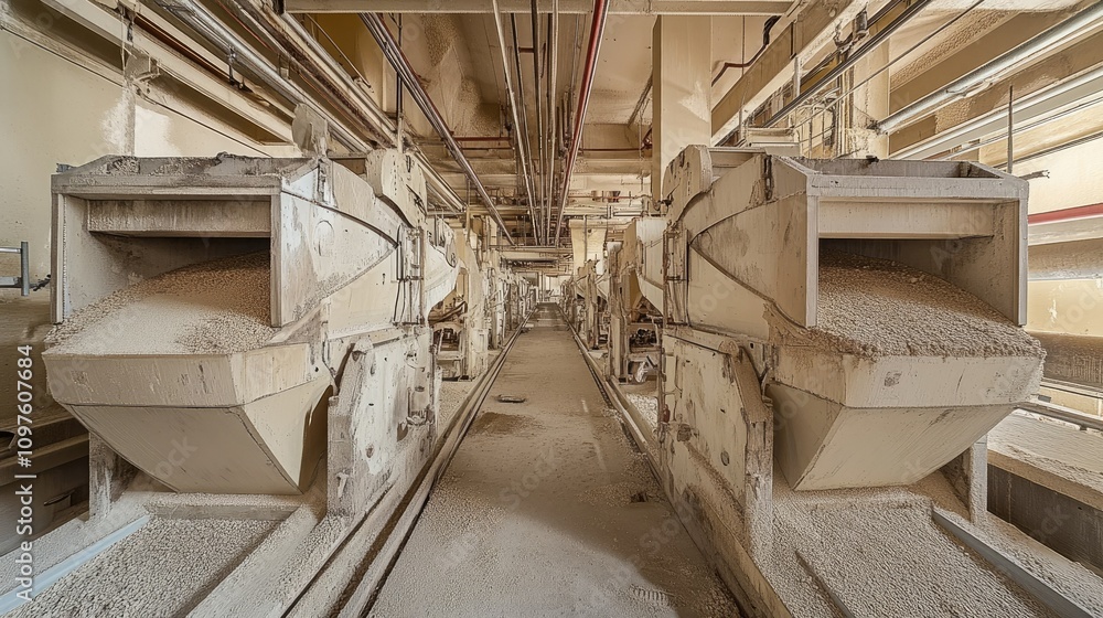 Aufkleber A wide-angle view of industrial furnaces in a gypsum board production facility, lined up in rows for efficient drying and processing.