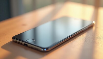 A Close-Up Shot of a Sleek Smartphone Resting on a Warm Wooden Surface, Bathed in Soft Sunlight: A Still Life of Modern Technology and Natural Light