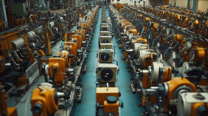 A wide-angle view of a factory floor filled with rows of sewing machines, showcasing the scale of production in a textile manufacturing environment.