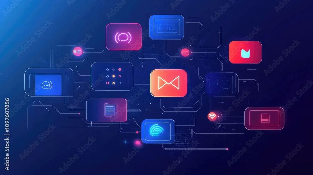 Poster Abstract AI data chat icons with dynamic motion and digital effects, showcasing the integration of AI in modern communication.
