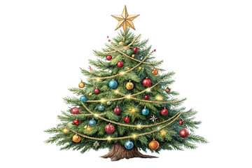 Fototapeta premium A lush green Christmas tree embellished with red, gold, and blue ornaments, wrapped with golden lights, and crowned with a shining star, isolated on a transparent background