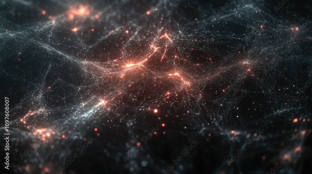 Poster Abstract visualization of data flowing through a futuristic digital network, with glowing lines and particles moving in sync.
