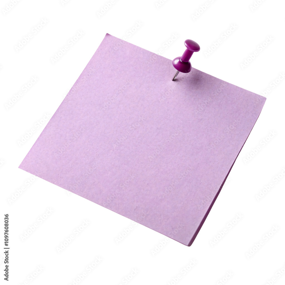 Poster a purple sticky note pinned with a purple pushpin, creating a vibrant yet minimalistic impression, i