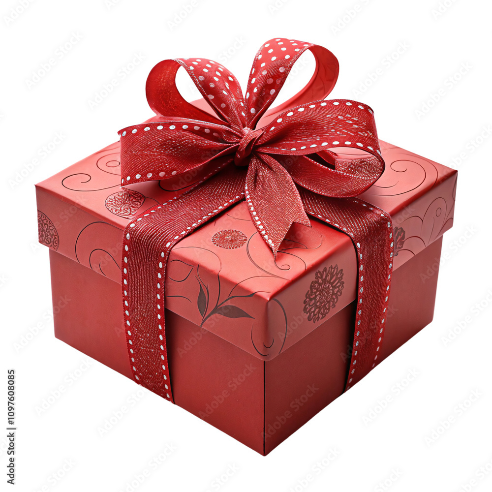 Poster a red box with floral patterns, adorned with a sparkling red polka-dot bow, creating a vibrant and f