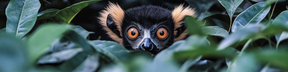 A curious lemur peeking out from behind jungle leaves, its large eyes and expressive face adding a touch of playfulness to the dense foliage.
