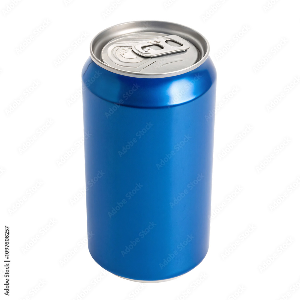 Poster a shiny blue soda can with a silver pull-tab, presenting a standard design and a glossy finish, isol