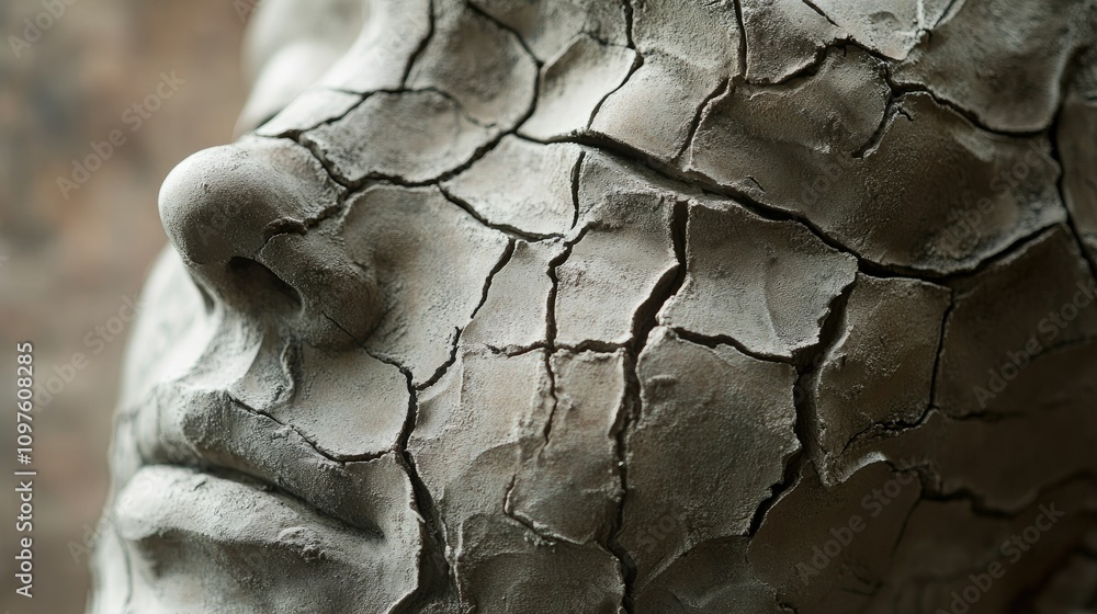 Poster close-up of a clay sculpture with deep cracks on the surface, revealing the passage of time and the 