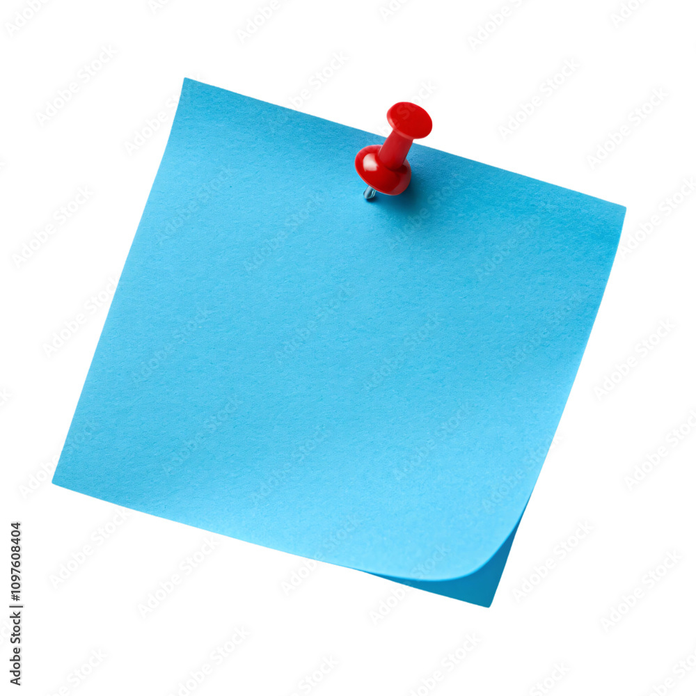 Poster a softly curved blue sticky note with a red pushpin, creating a dynamic, fresh visual, isolated on a