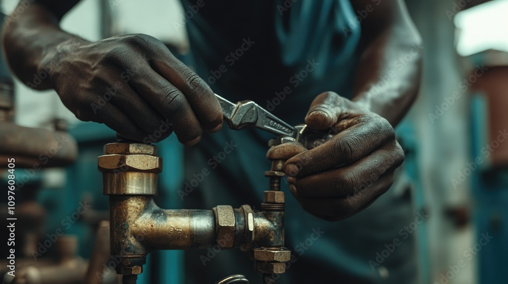 Poster close-up of skilled hands using a wrench to adjust pipes, highlighting precision and expert craftsma