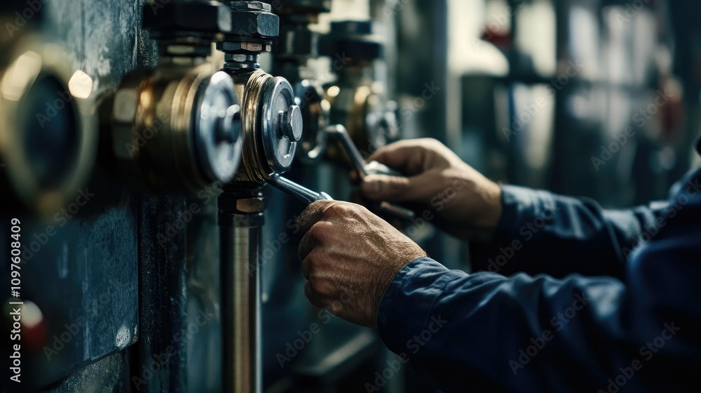 Poster Close-up of skilled hands using a wrench to adjust pipes, highlighting precision and expert craftsmanship with a clean and uncluttered backdrop.