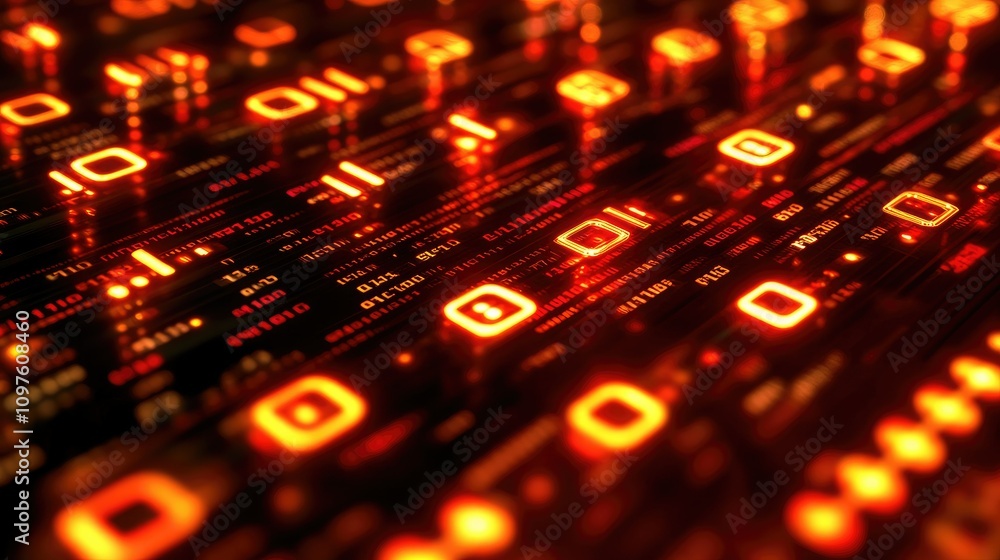 Poster Close-up shot of glowing 3D binary digits floating on a digital screen, showcasing advanced technology and data transfer.