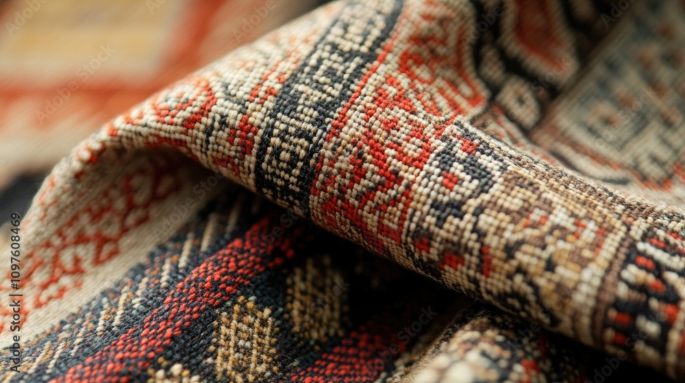 Aufkleber close-up view of a handwoven fabric featuring traditional geometric designs, highlighting the artisa