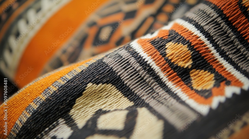 Poster close-up view of a handwoven fabric featuring traditional geometric designs, highlighting the artisa