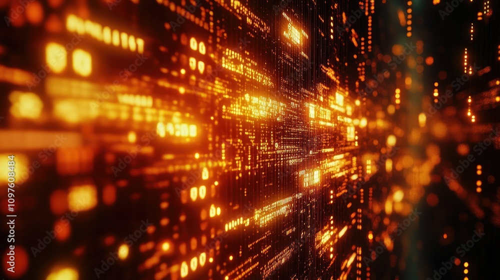 Poster Close-up shot of glowing 3D binary digits floating on a digital screen, showcasing advanced technology and data transfer.