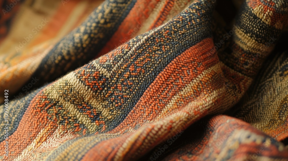 Poster Close-up view of a handwoven fabric featuring traditional geometric designs, highlighting the artisan skill in creating detailed patterns.