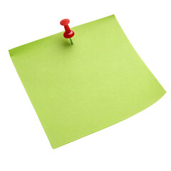 A subtle curve on the green sticky note, secured with a red pushpin, emphasizing a natural, lively look, isolated on a transparent background