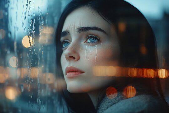 Sad young woman crying by rain-streaked window at night.