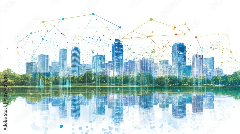 Poster futuristic city skyline overlaid with digital data, symbolizing the rise of smart cities and data-dr