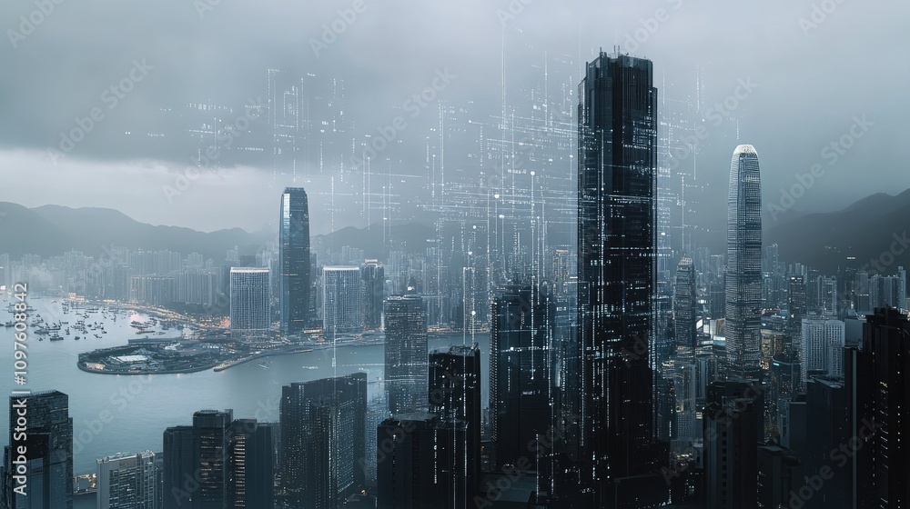 Poster futuristic city skyline overlaid with digital data, symbolizing the rise of smart cities and data-dr