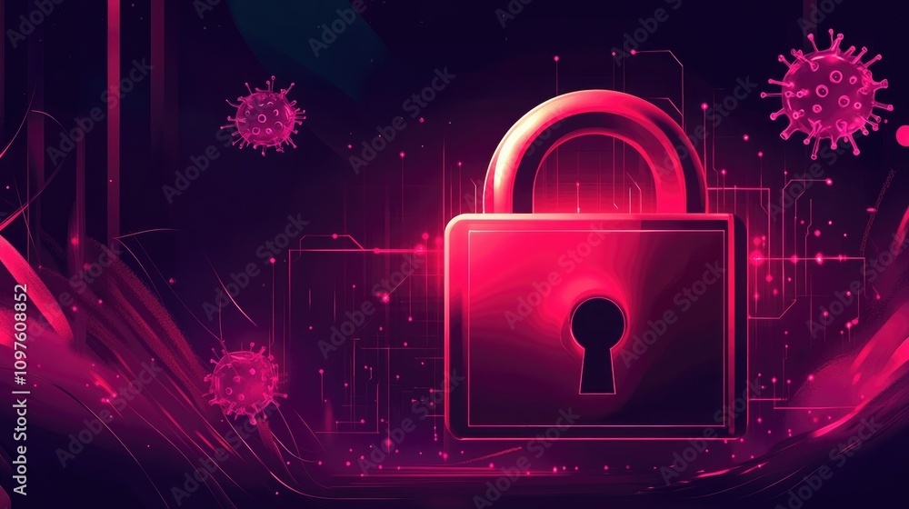 Poster Futuristic digital padlock protecting sensitive data, with abstract data streams and virus shields in the background.