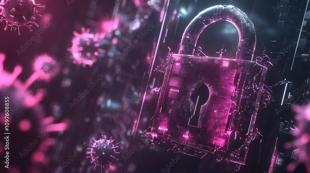 Aufkleber Futuristic digital padlock protecting sensitive data, with abstract data streams and virus shields in the background.